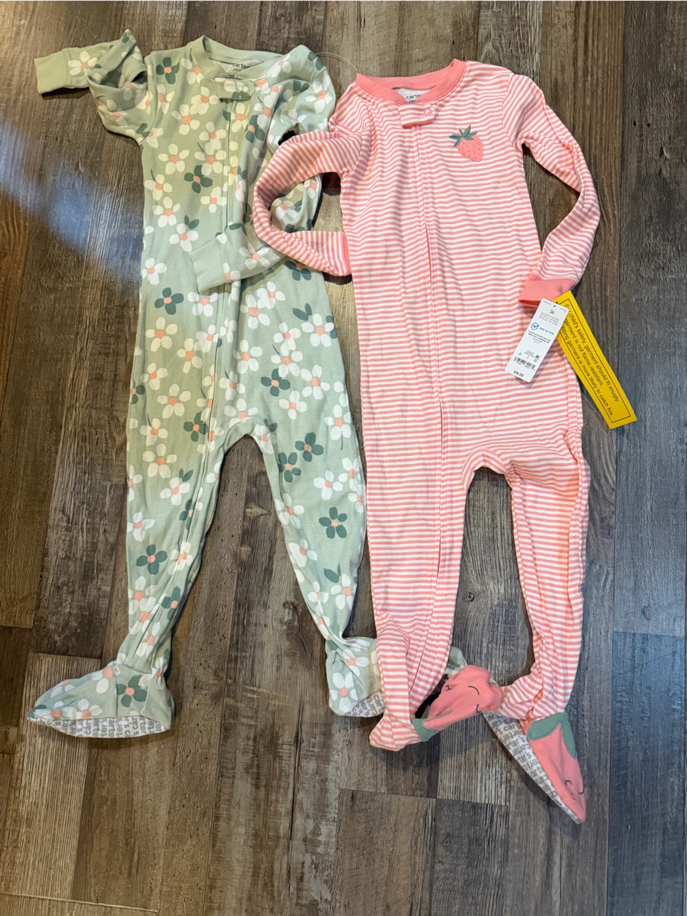 Carter's Pink Striped and Green Floral Pajama Romper Set Sz 3t